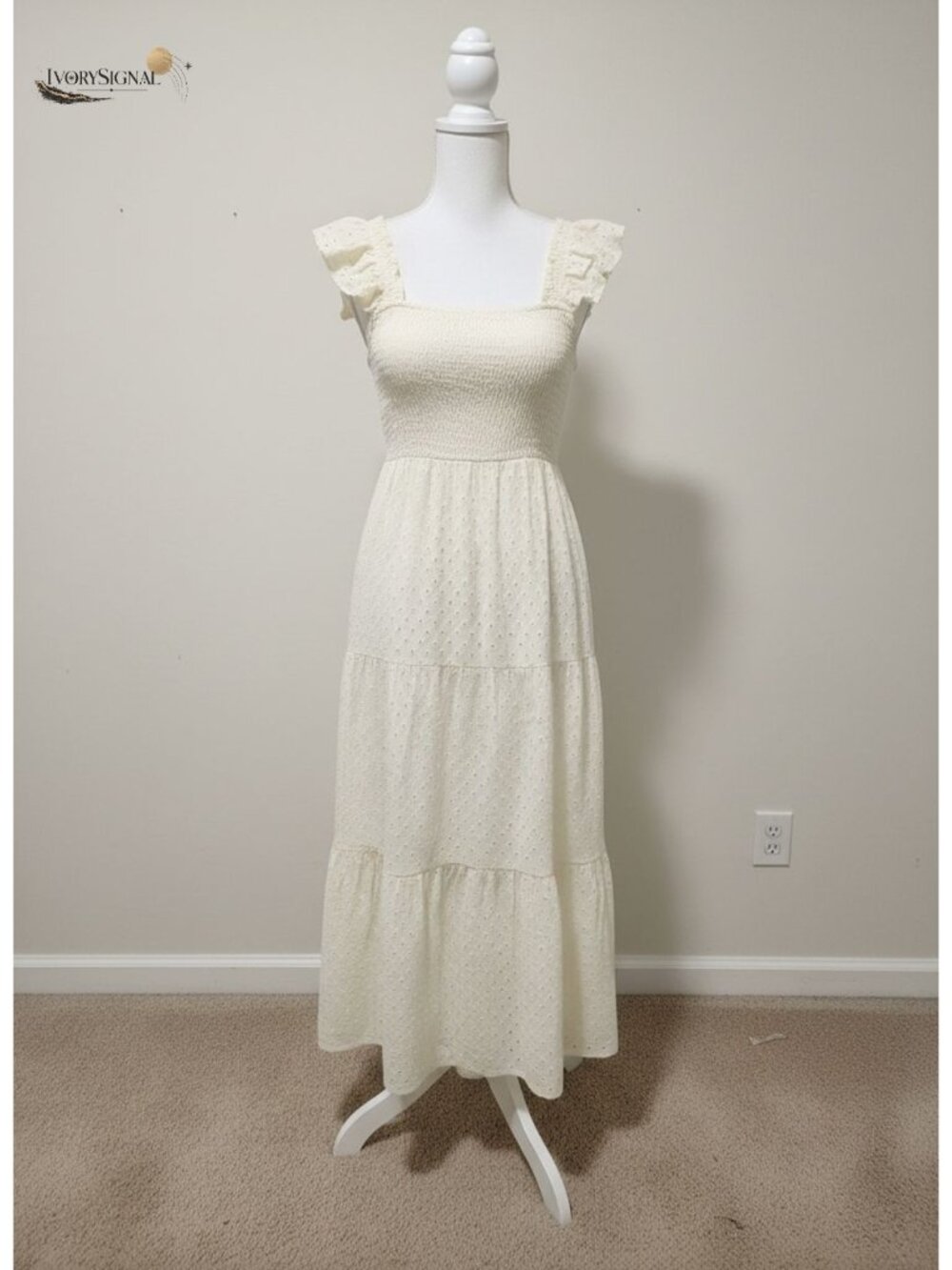 Womens 100% Cotton Square Neck Maxi Dress Cap Sleeve Eyelet Smocked A Line Flowy